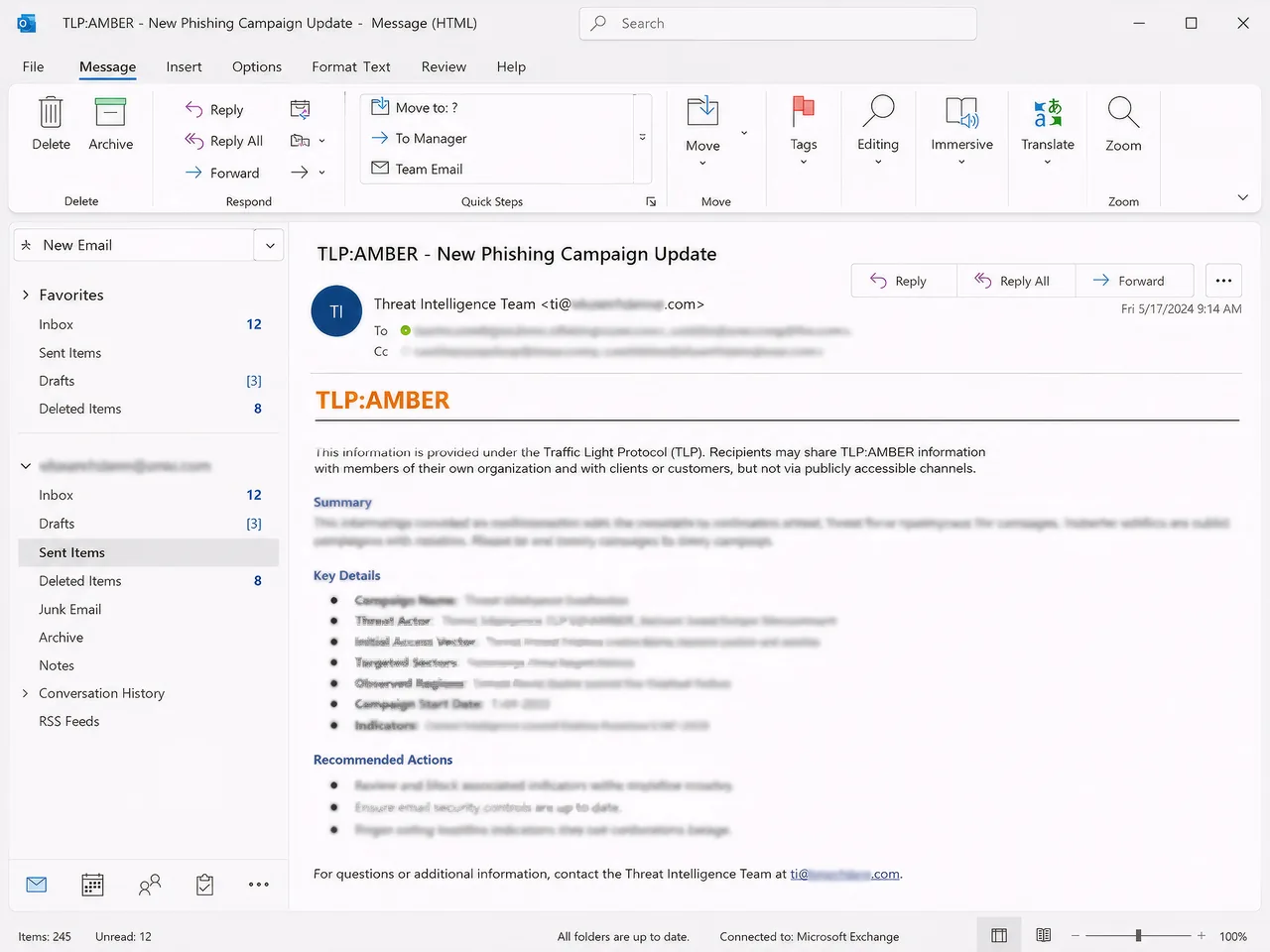 An email with TLP:AMBER in both the subject line and at the top of the message body