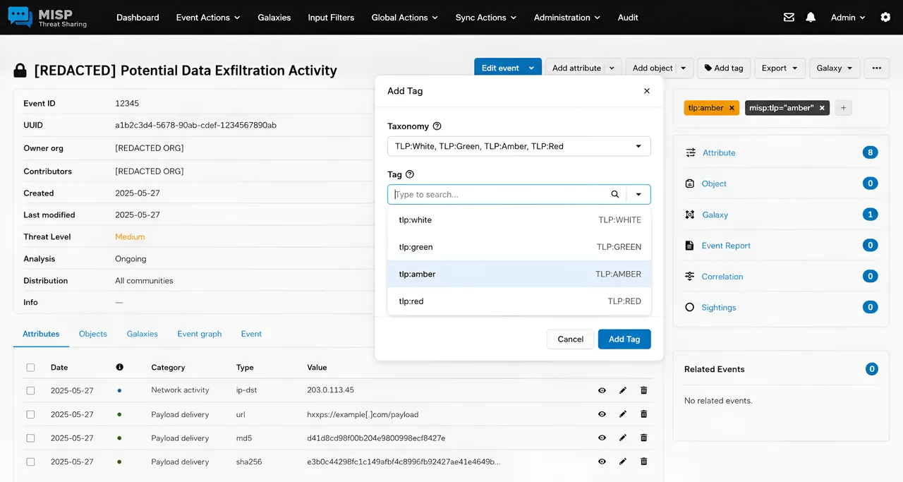 The MISP tagging interface showing the TLP taxonomy dropdown with tlp:amber selected
