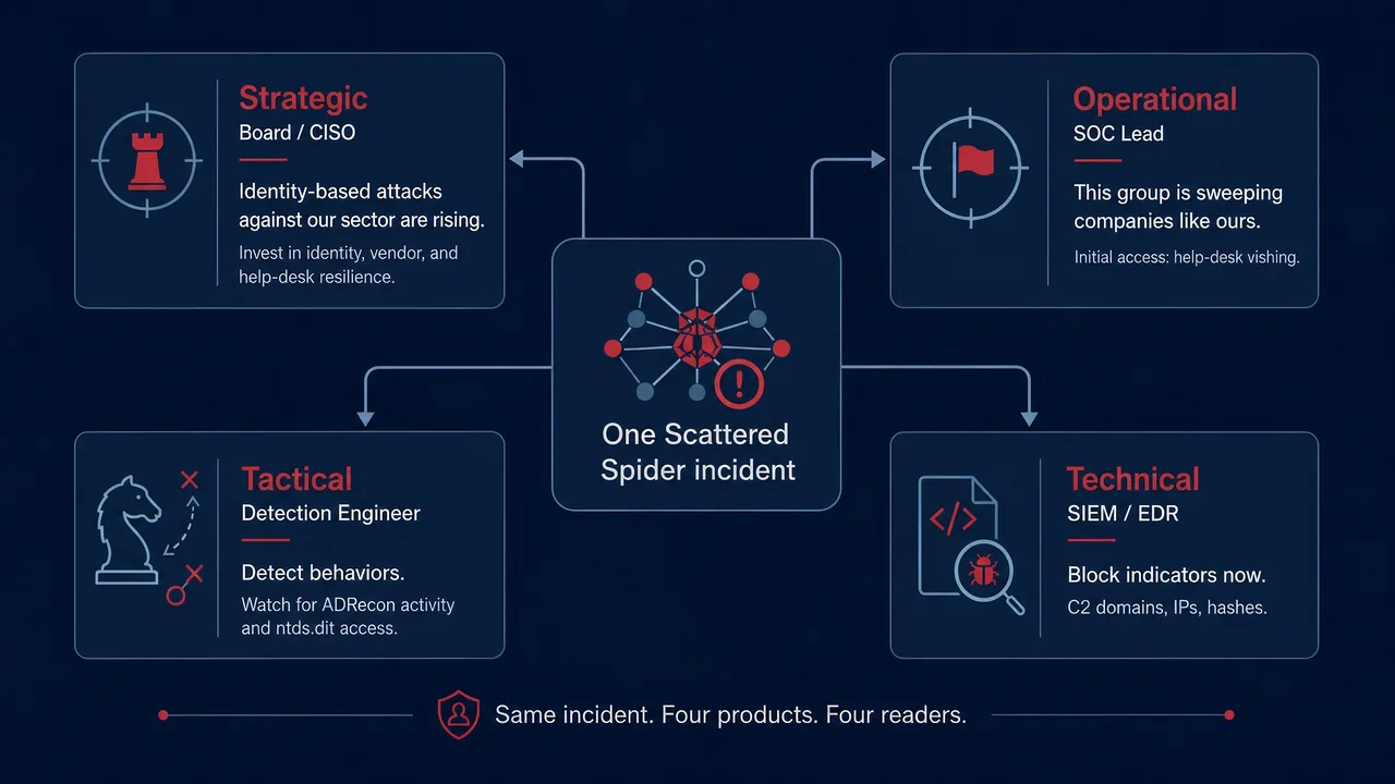 One Scattered Spider incident branching into four intelligence products for four readers: strategic for the board, operational for the SOC lead, tactical for the detection engineer, technical for the SIEM