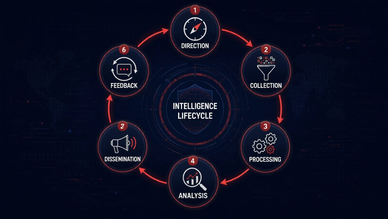 The six-phase cyber threat intelligence lifecycle: direction, collection, processing, analysis, dissemination, and feedback