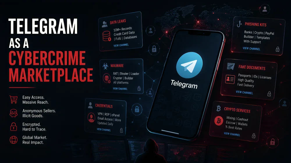 Telegram cybercrime marketplace graphic: a phone displaying the Telegram logo surrounded by underground channel categories for data leaks, malware, stolen credentials, phishing kits, fake documents, and crypto laundering services