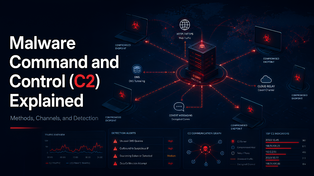 Diagram of malware command and control (C2) communication between an attacker and a compromised host