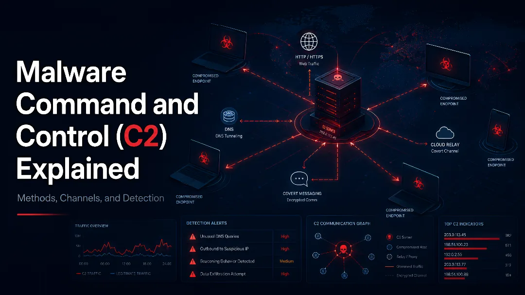 Diagram of malware command and control (C2) communication between an attacker and a compromised host