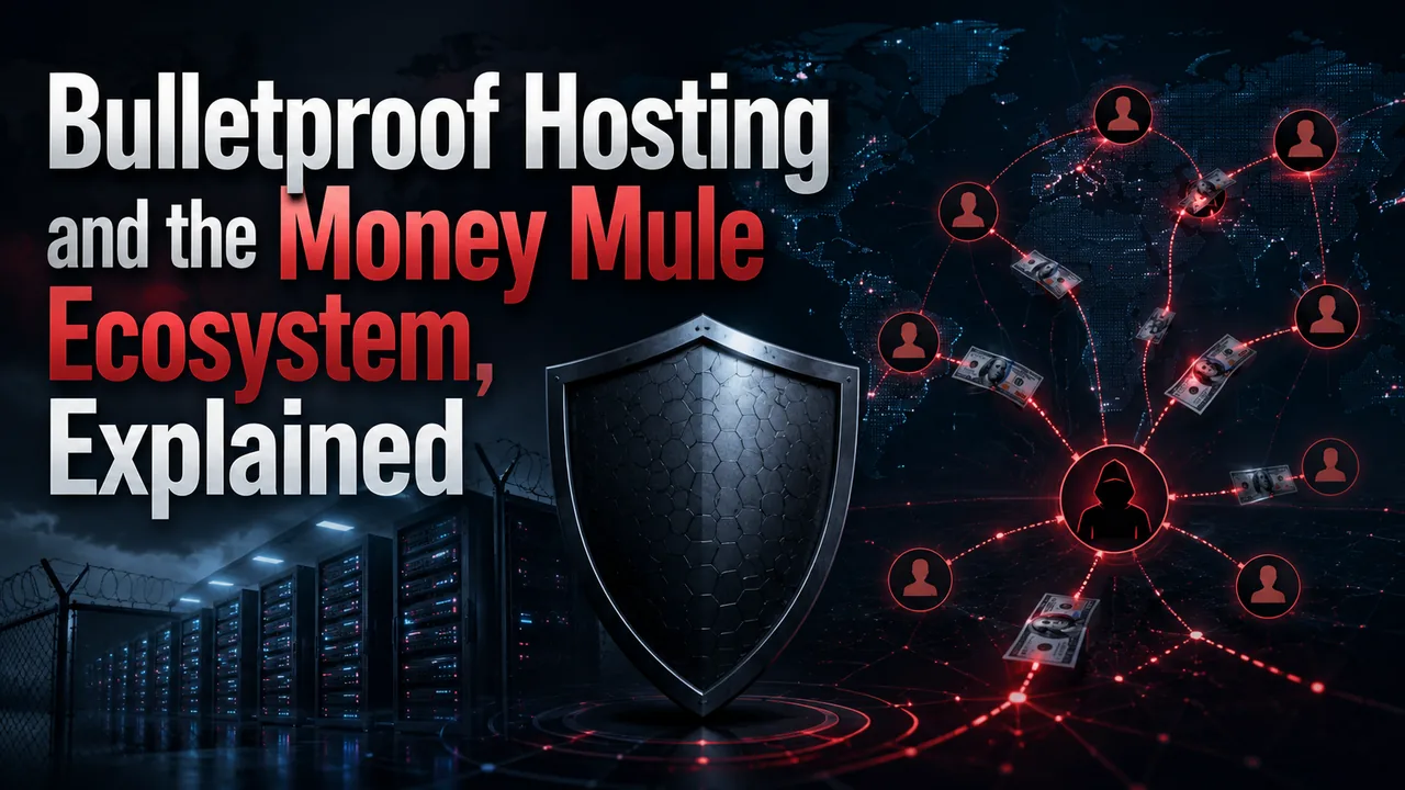 A shield and server racks beside a network of money mule accounts funneling cash to a hooded central figure