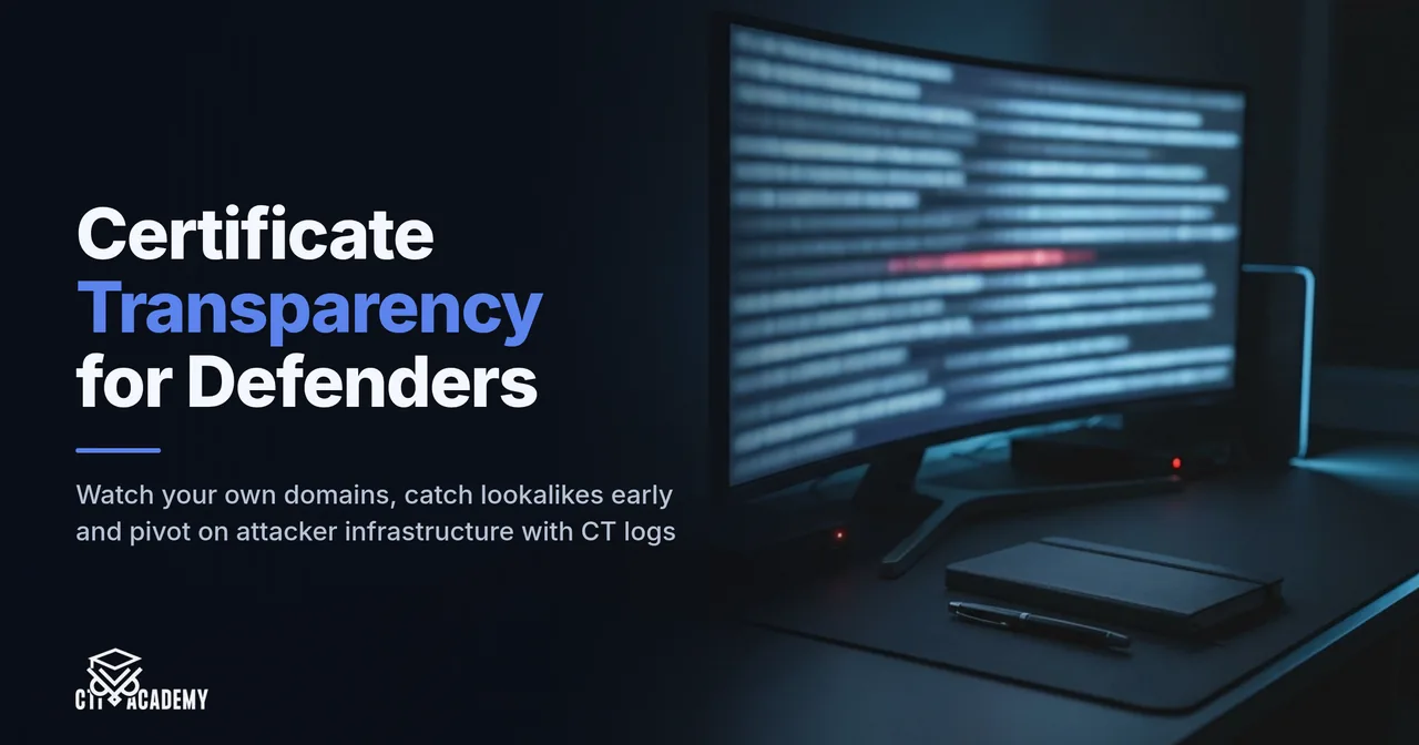 Certificate Transparency for Defenders: CTI Academy cover with a monitor showing blurred log rows, one marked red