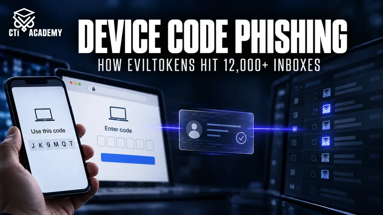 Device code phishing explainer cover: OAuth device code flow abused to steal Microsoft 365 tokens