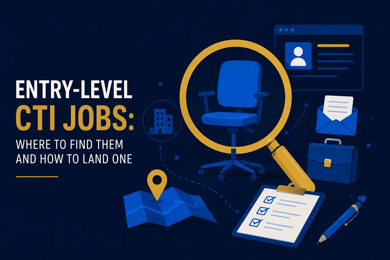Magnifying glass over an office chair with a map, checklist, resume, and inbox icons around it, titled Entry-Level CTI Jobs: Where to Find Them and How to Land One