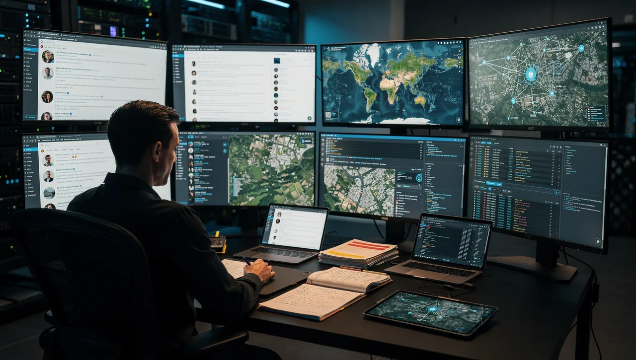 OSINT investigation workflow showing multiple intelligence sources converging into actionable intelligence