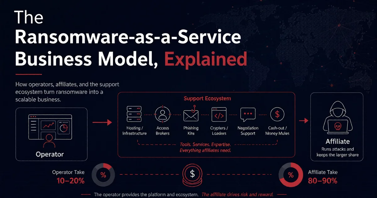 Title graphic for The Ransomware-as-a-Service Business Model, Explained, showing the operator, the support ecosystem of hosting, access brokers and phishing kits, and the affiliate keeping the larger revenue share