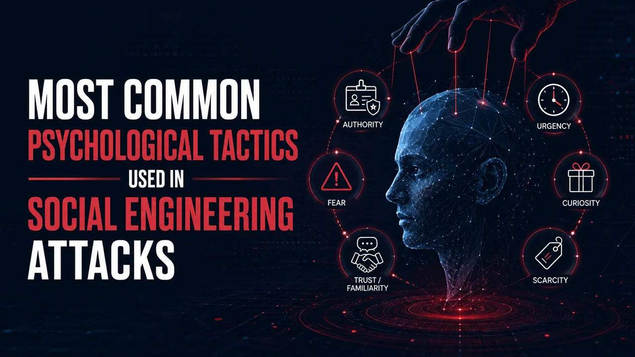 Illustration of a hand pulling strings on a wireframe human head surrounded by icons for authority, urgency, fear, trust, curiosity, and scarcity