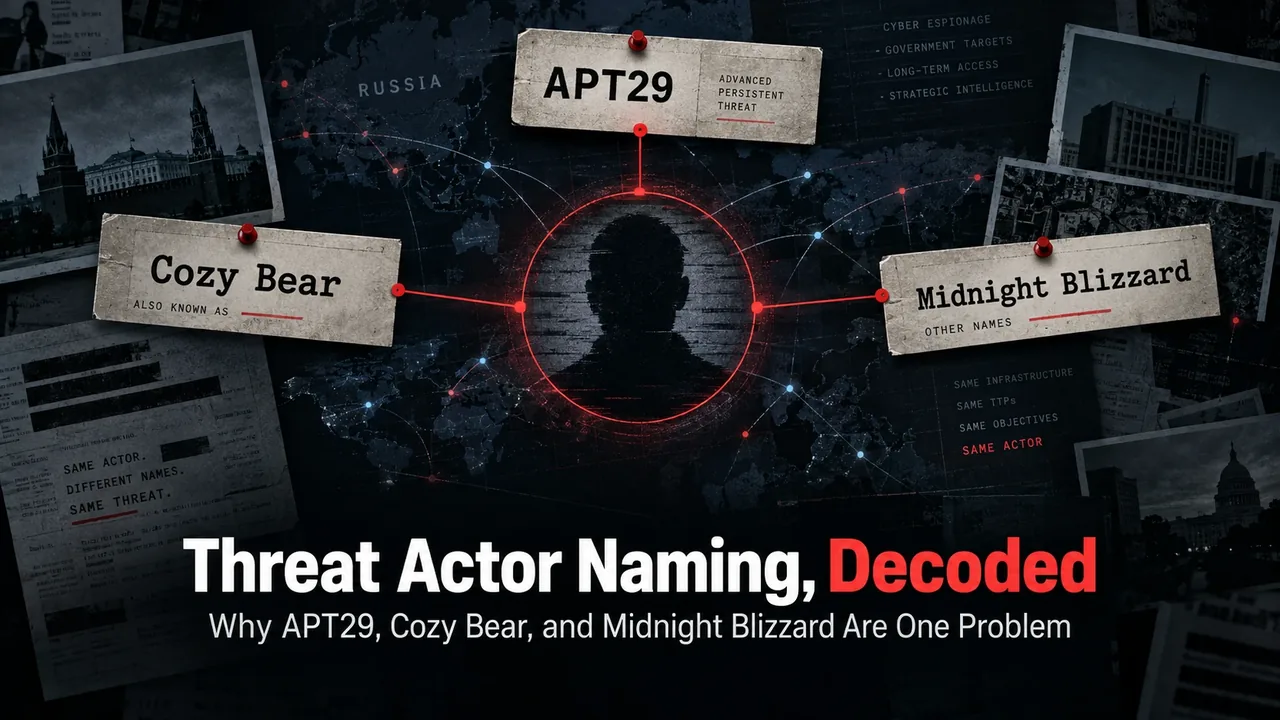 APT29, COZY BEAR, Midnight Blizzard and ICE RELIC shown as equal, with a note that 26 more names exist