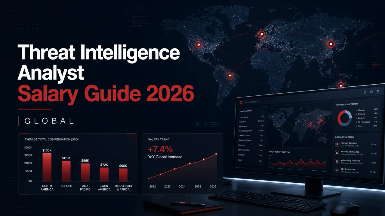 Threat Intelligence Analyst Salary Guide 2026 cover graphic: global salary bar chart by region, year-over-year salary trend line, and a threat intelligence dashboard on a world map background