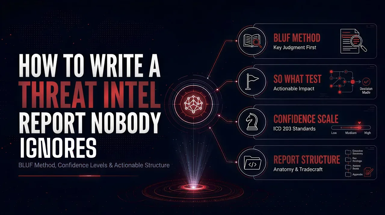 Cover graphic for ‘How to Write a Threat Intel Report Nobody Ignores’ showing the BLUF method, so-what test, ICD 203 confidence scale, and report structure as the article's four key sections
