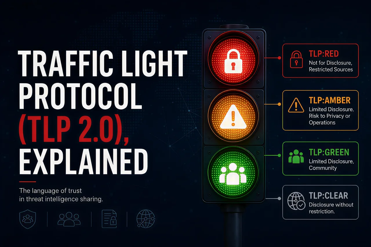 A traffic light showing the four TLP 2.0 labels: TLP:RED, TLP:AMBER, TLP:GREEN, and TLP:CLEAR, each with its disclosure rule