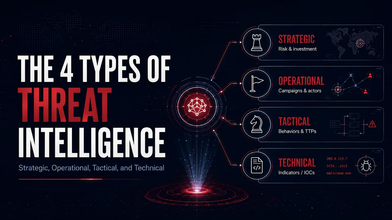 The 4 Types of Threat Intelligence: Strategic, Operational, Tactical, and Technical, shown as four connected layers radiating from a central threat data node