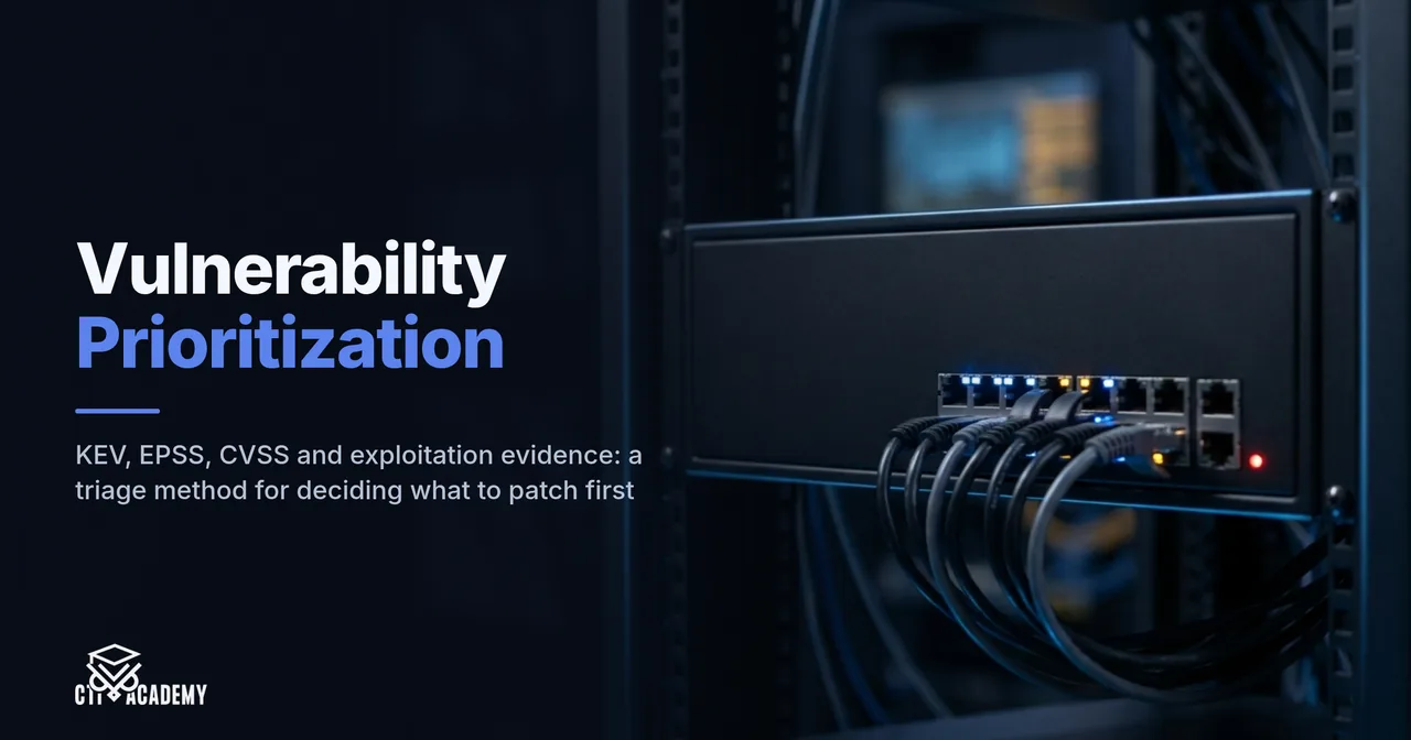 Vulnerability Prioritization: CTI Academy cover with a network appliance and patch cables in a dark data center rack