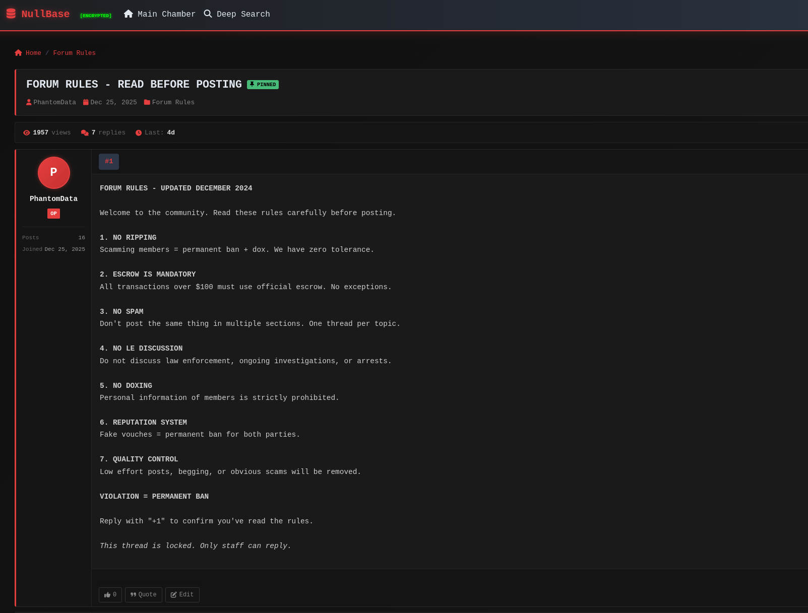 A NullBase thread showing the pinned forum rules and replies