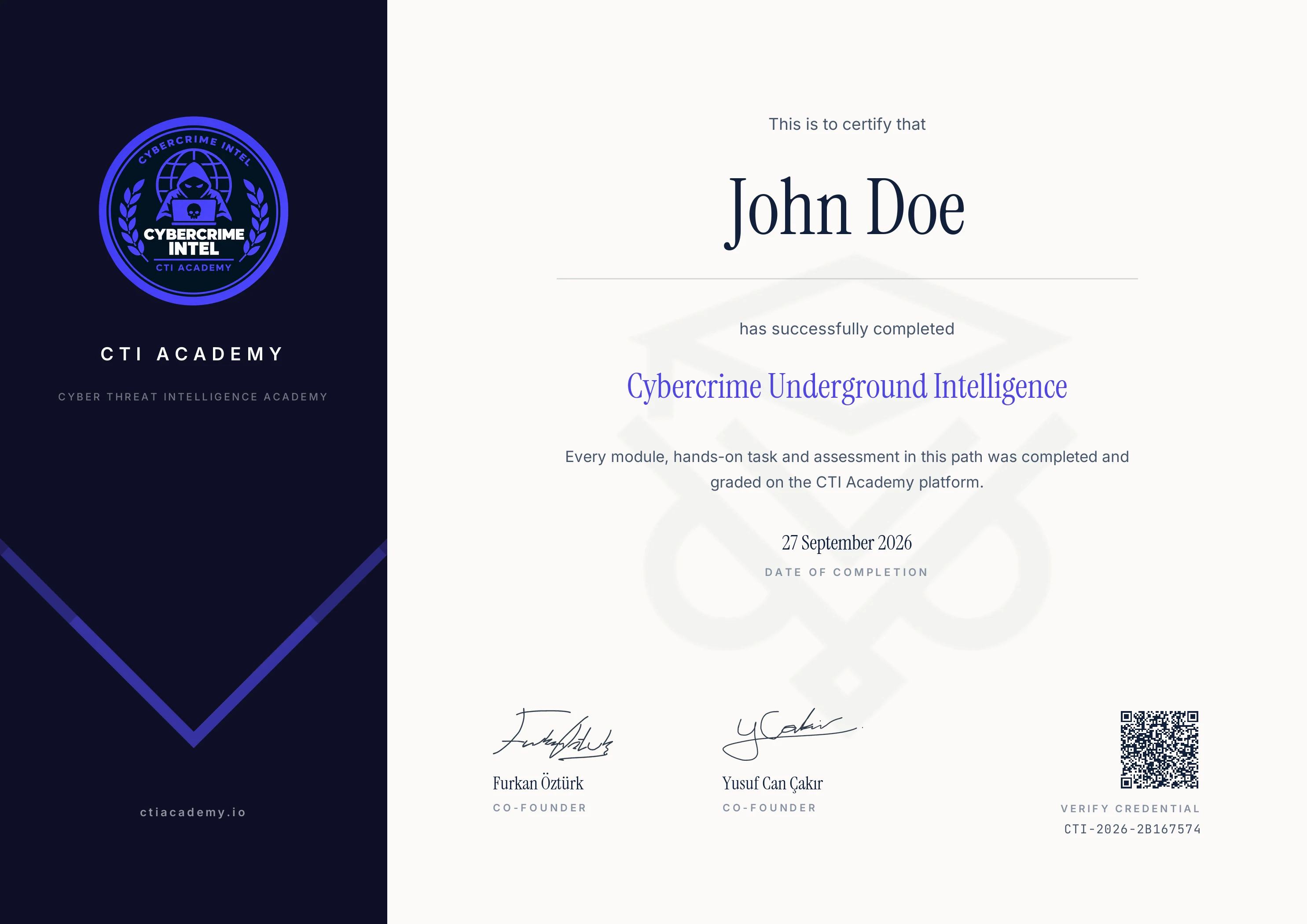 Sample Cybercrime Underground Intelligence certificate, shown with a placeholder name