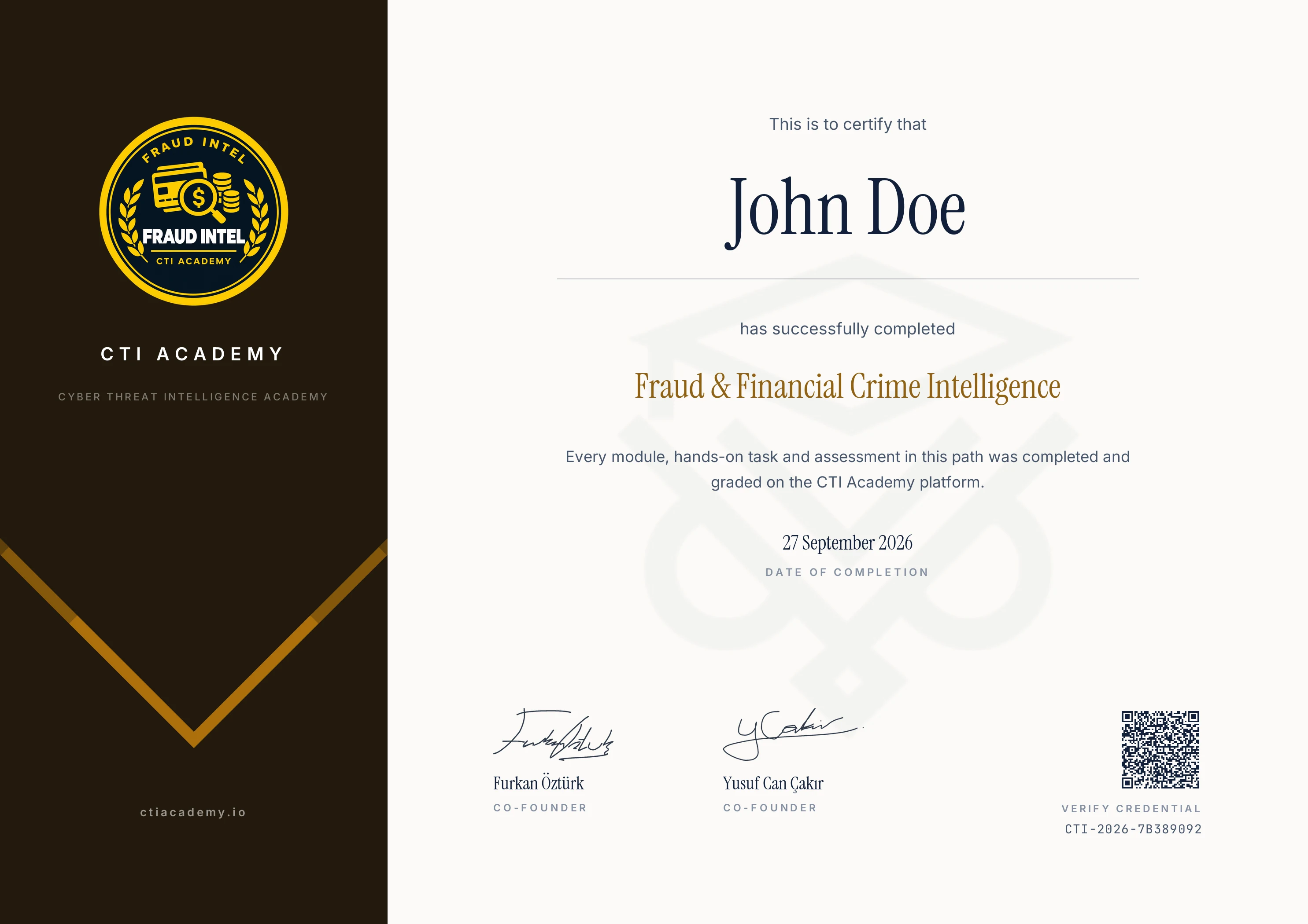Sample Fraud & Financial Crime Intelligence certificate, shown with a placeholder name