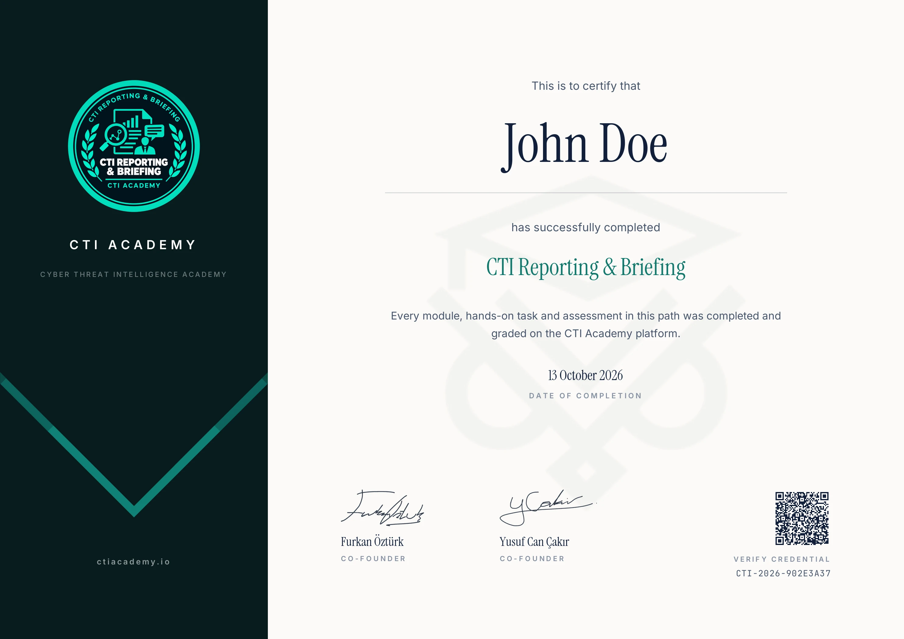Sample CTI Reporting & Briefing certificate, shown with a placeholder name