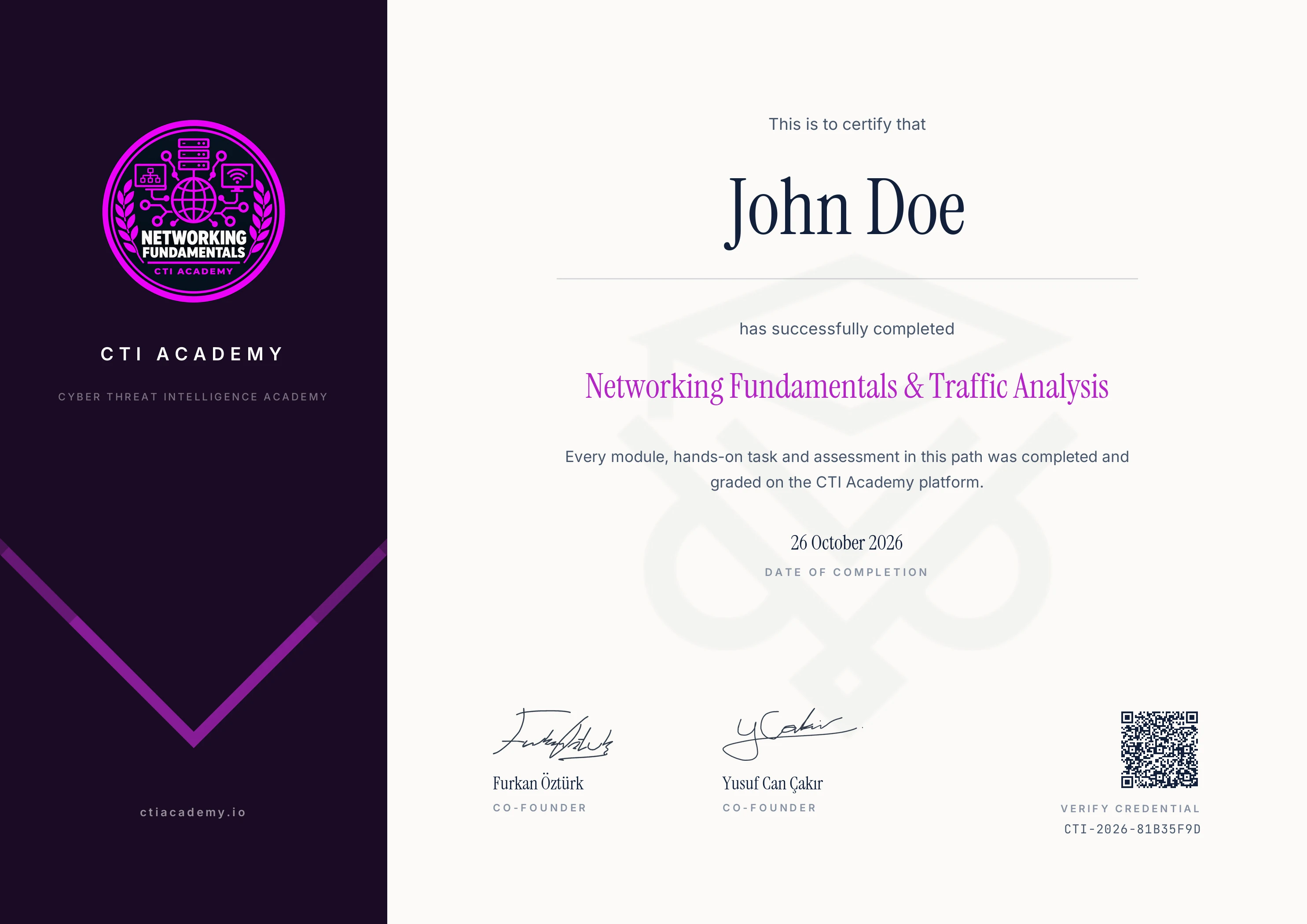 Sample Networking Fundamentals & Traffic Analysis certificate