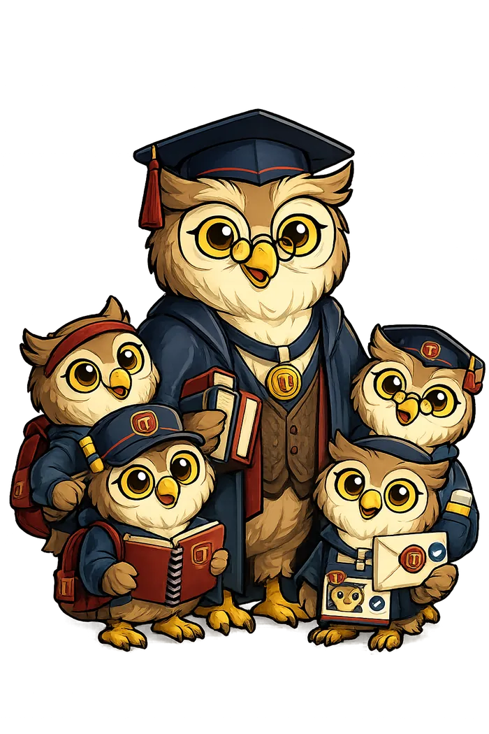 A graduate professor owl mentoring student owls in caps and gowns