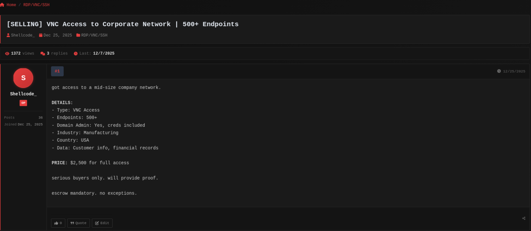 Underground forum access-for-sale listing feeding into the initial access broker to ransomware supply chain