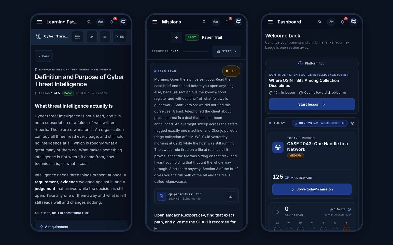 Three phone screens side by side: a lesson, a mission and the dashboard