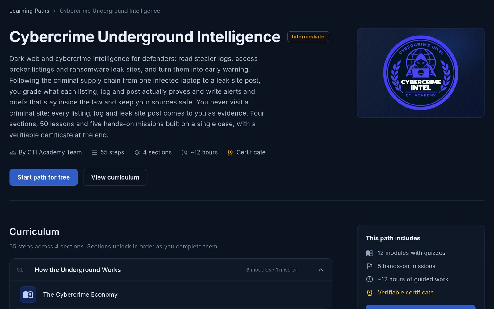 The Cybercrime Underground Intelligence learning path page with its four sections