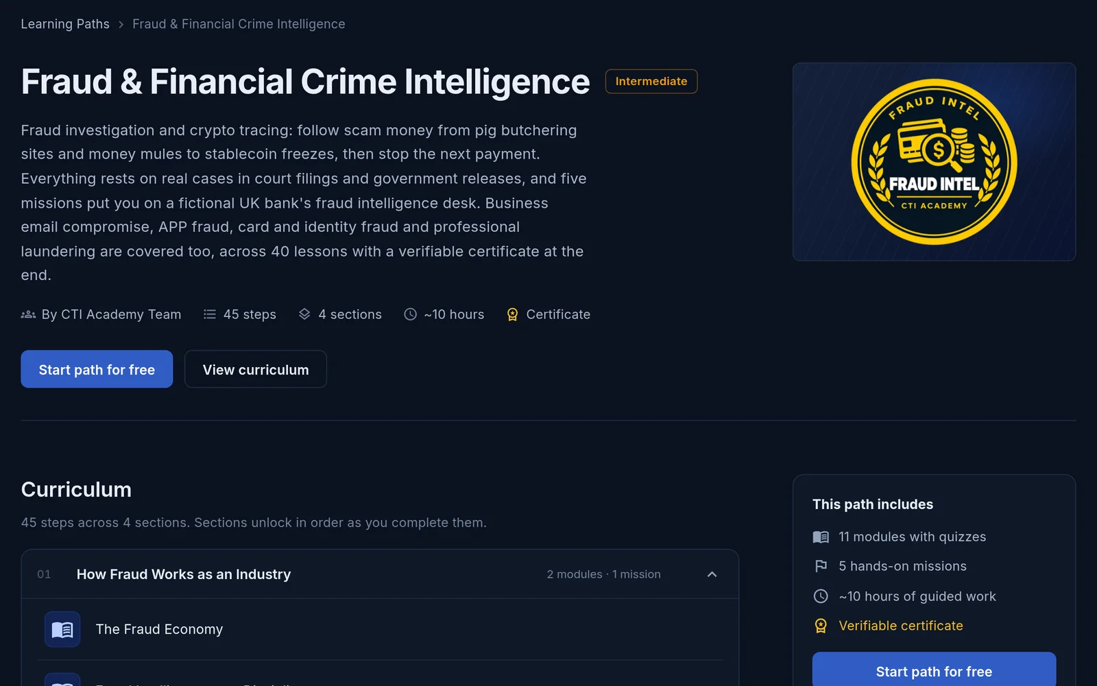 The Fraud & Financial Crime Intelligence learning path page with its four sections