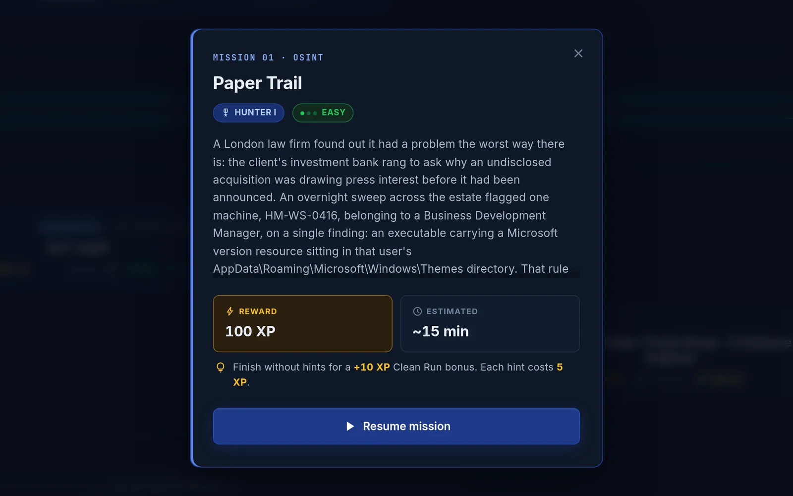 A mission start screen explaining the Clean Run bonus and the XP cost of each hint